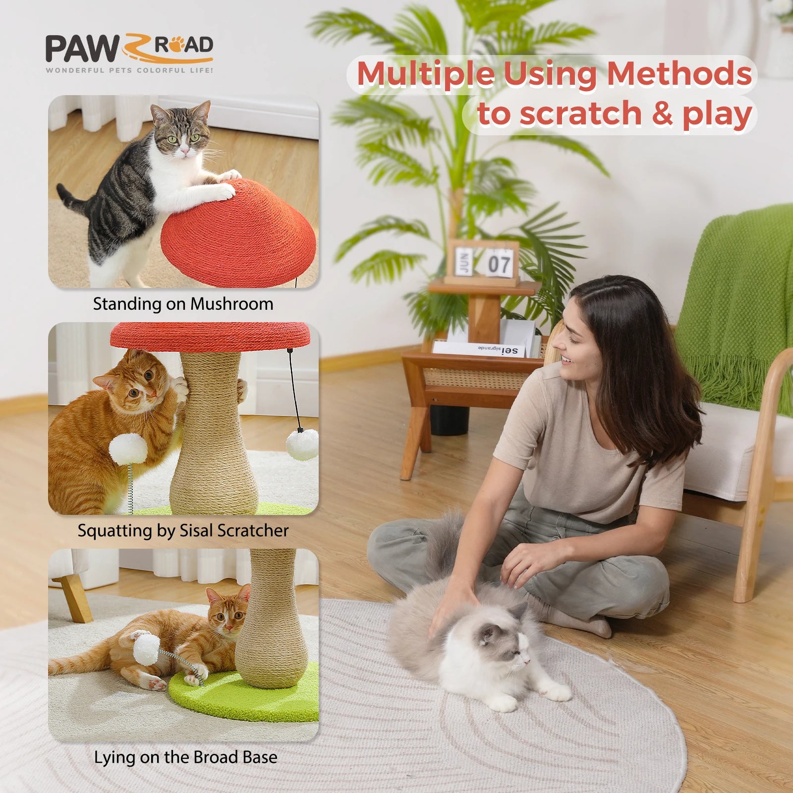 Mushroom Cat Scratching Post, Cat Scratcher Cute with 100% Sisal Covered Scratching Post & Pompoms Cat Toy, Mushroom Cat Post